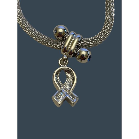 Silver Mesh Bracelet With Blue & Red Rhinestone Ribbon Pendant - Picture 7 of 10